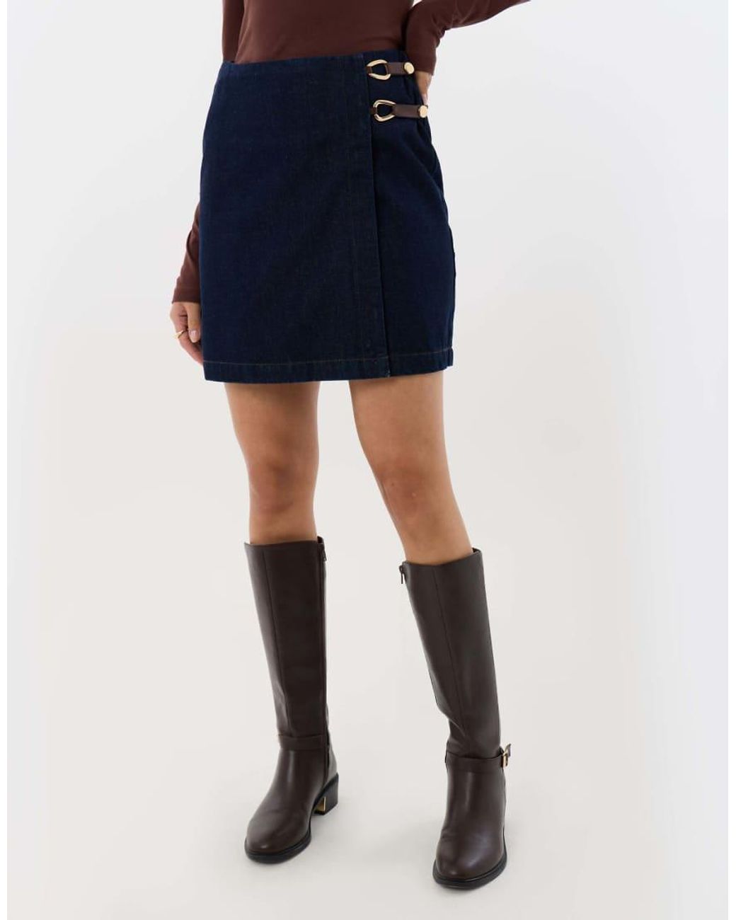 Threadbare Blue Pleated Denim Wrap Mini Skirt