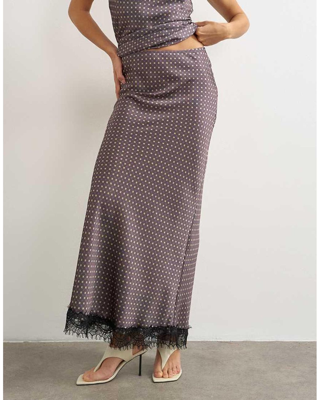 TOPSHOP Brown Satin Geo Print Lace Trim Maxi Skirt Co Ord