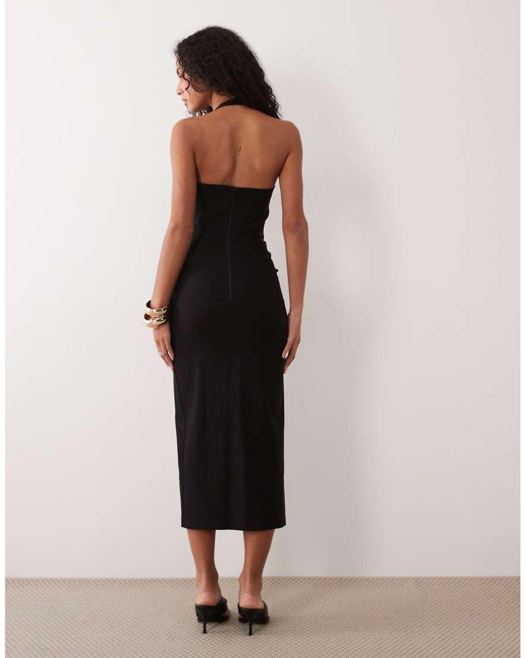 Vesper Black Bengaline Halterneck Thigh Split Midi Dress