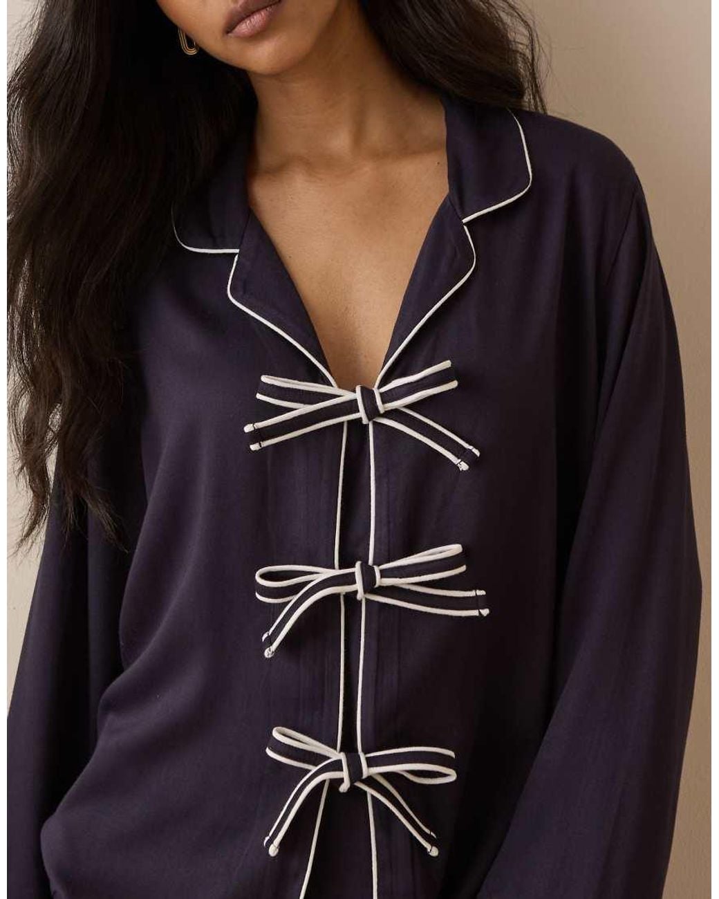 Nobody's Child Natural Collar Bow Detail Pyjama Shirt And Bottom Set