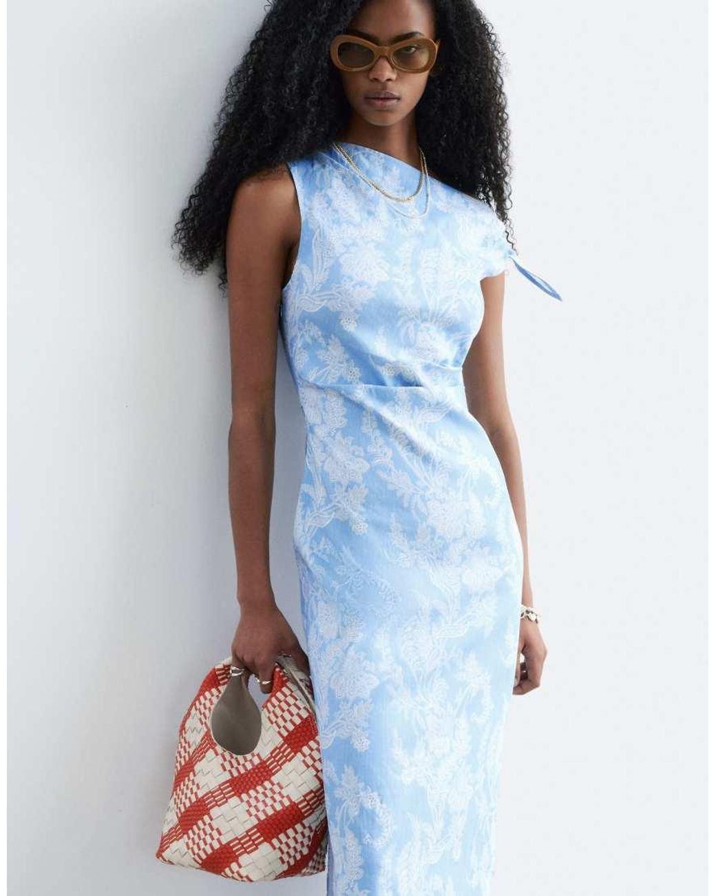 & Other Stories Blue Rich Linen Asymmetric Boatneck Midi Dress