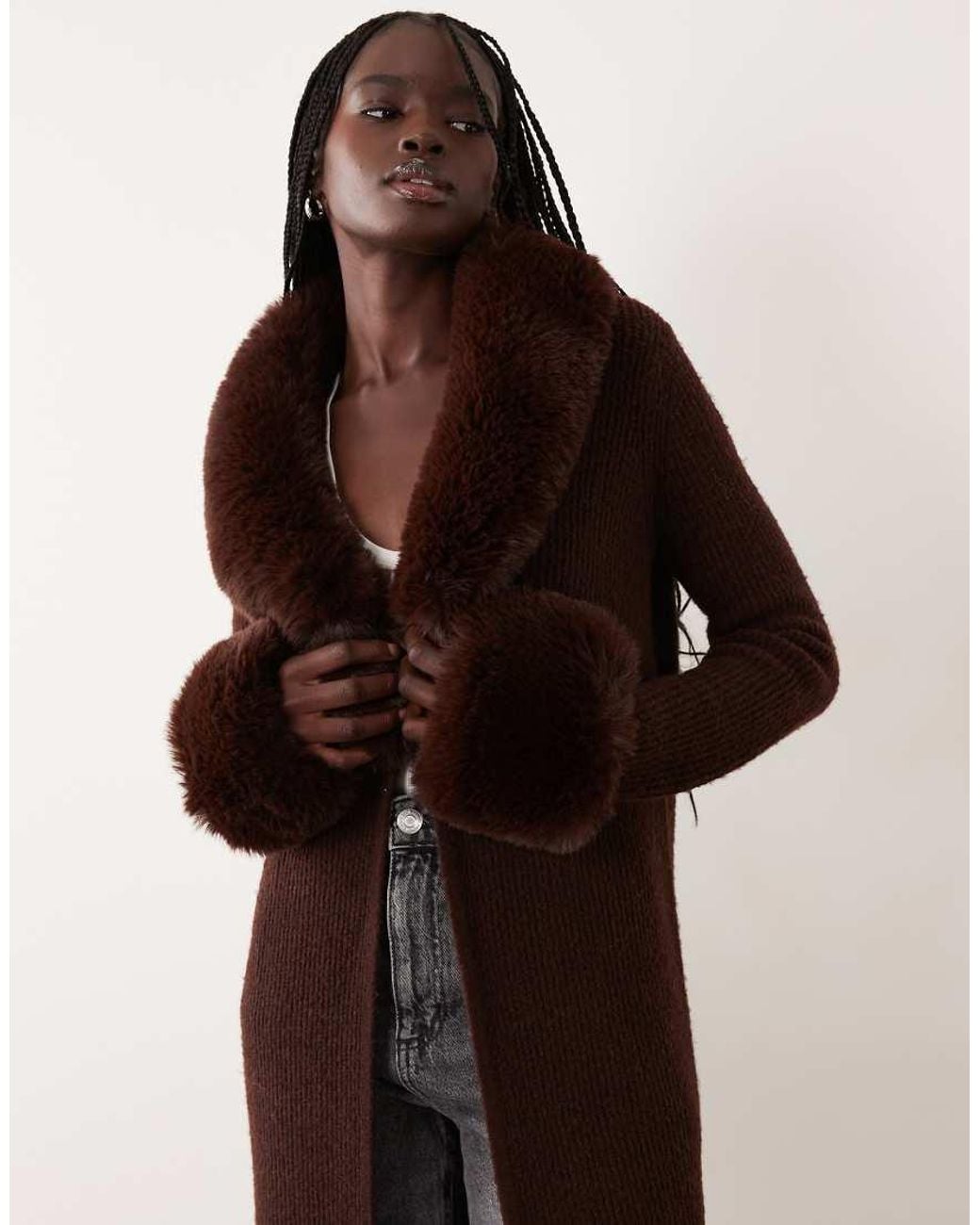 Miss Selfridge Brown Button Through Longline Cardigan With Fur Collar And Cuff
