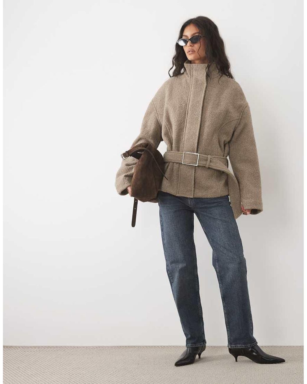 Mango Natural Funnel Neck Belted Jacket