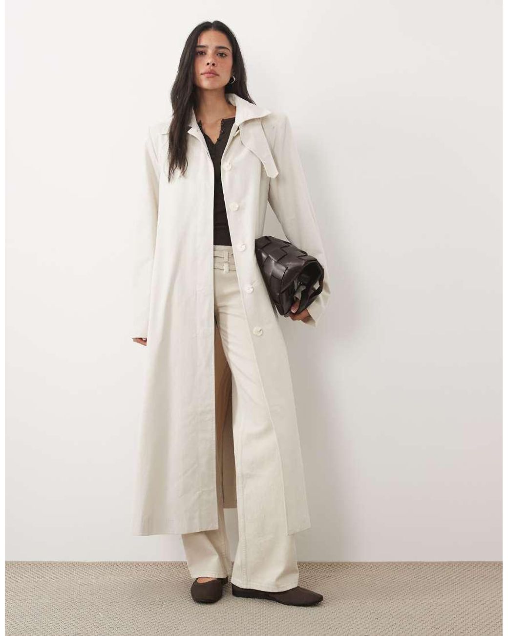 4th & Reckless Natural Funnel Buckle Neck Detail Button Through Midi Trench Coat