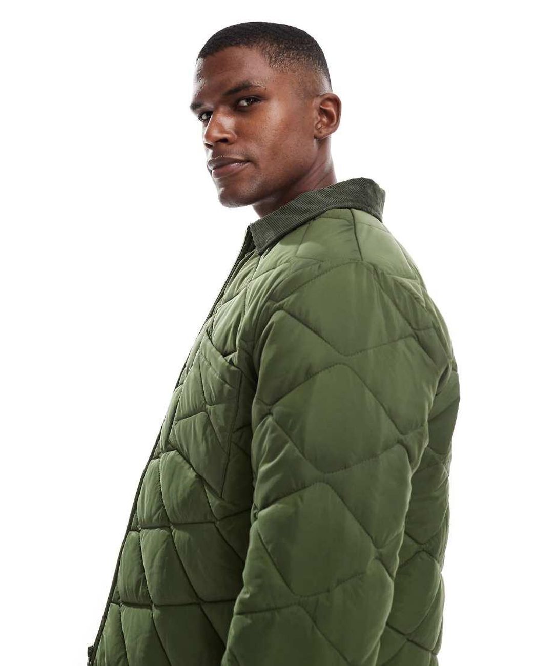 New Look Green Cord Collar Quilted Jacket for men