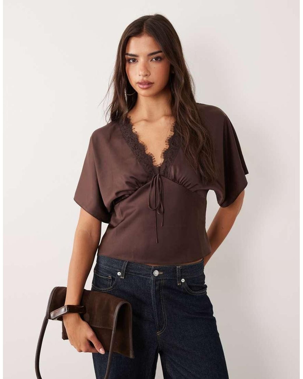 Miss Selfridge Multicolor Satin And Lace Batwing Top