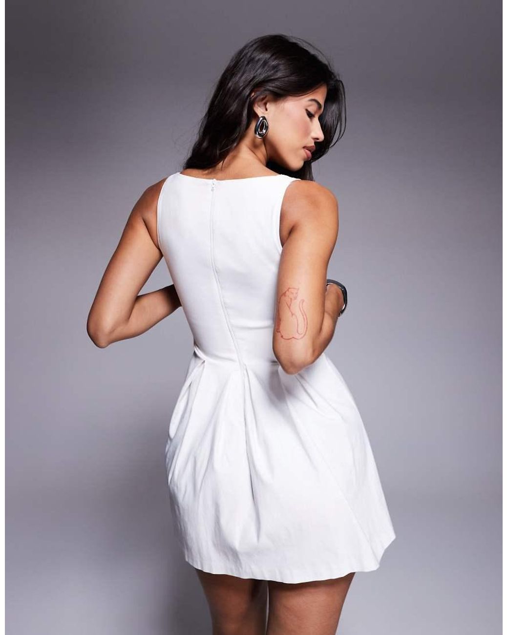 Vesper White Bengaline Square Neck Box Pleat Mini Dress