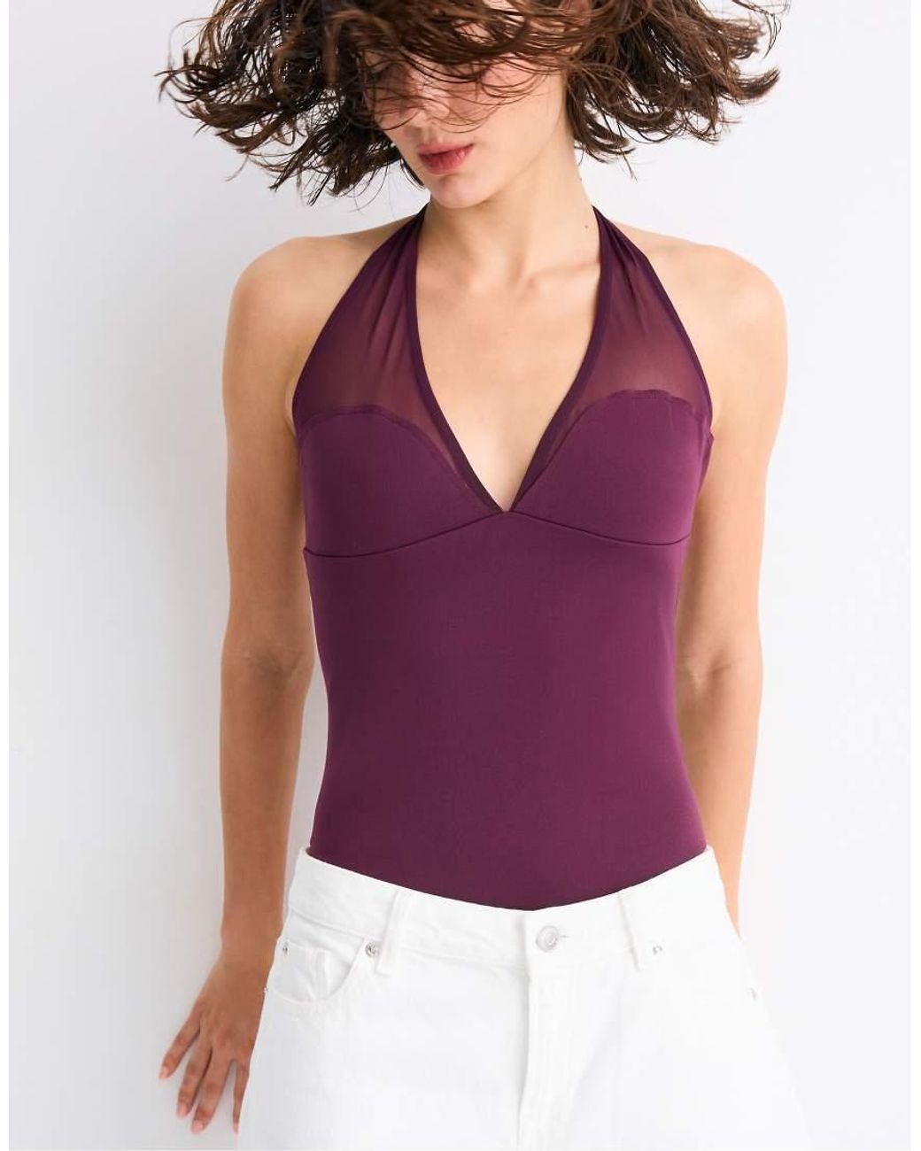 Stradivarius Red Mesh Halter Bodysuit