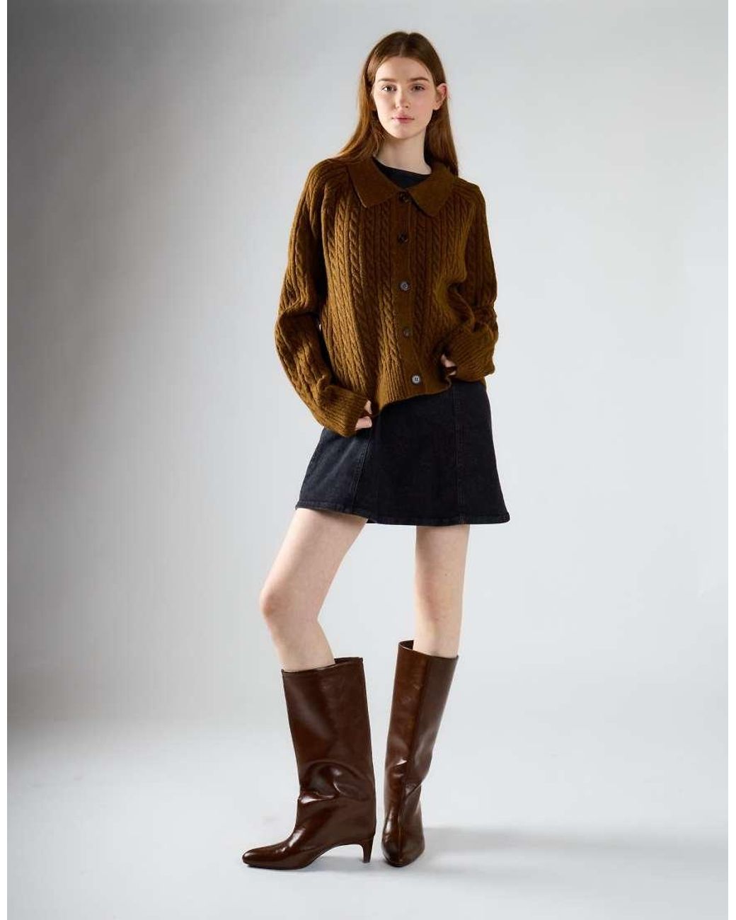 Glamorous Brown Cable Knit Collar Cardigan