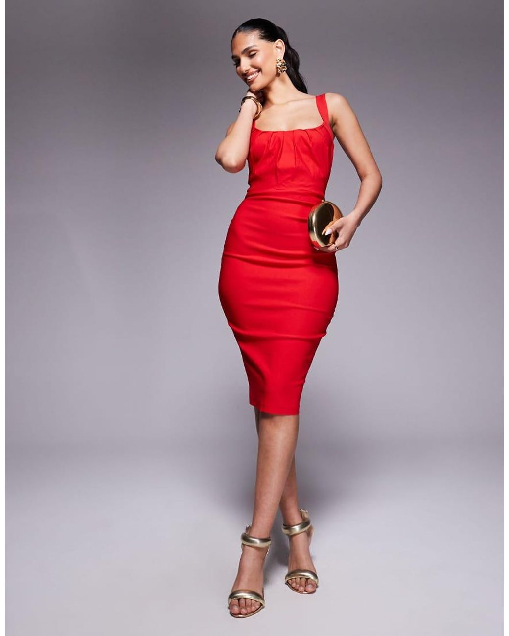 Vesper Red Square Neck Ruched Bust Bodycon Midi Dress