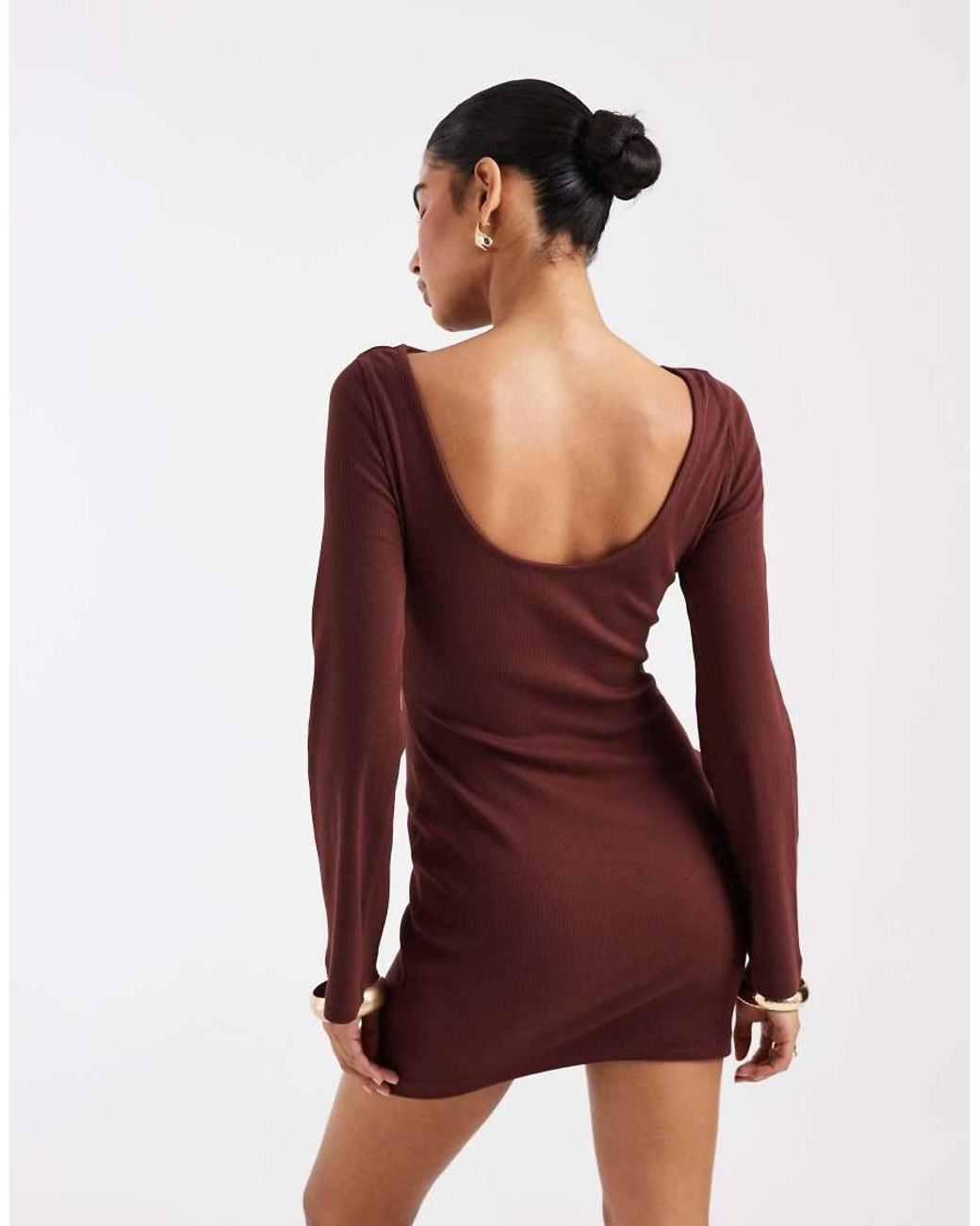 ASOS Brown Cotton Rich Ribbed Scoop Back Mini Dress