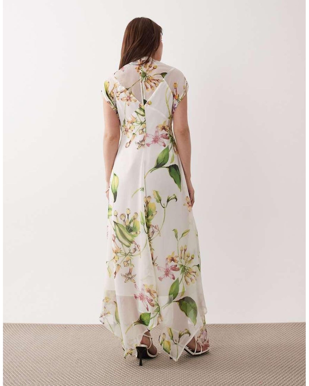 ASOS Natural Asos Design Petite High Neck Hanky Hem Chiffon Maxi Dress