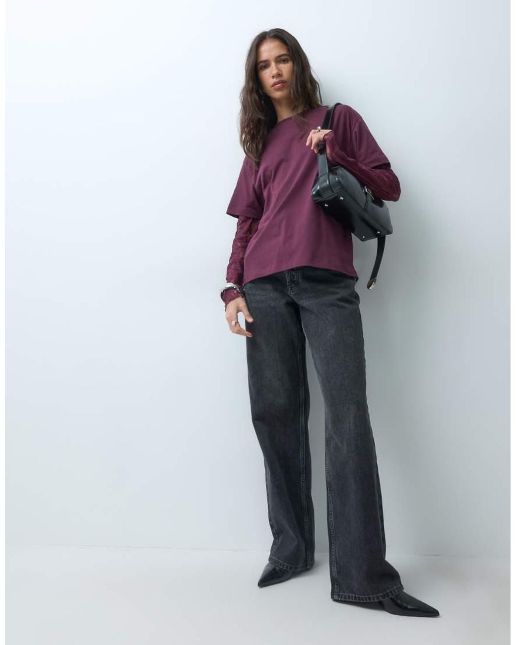 Miss Selfridge Purple Oversized Tshirt With Lace Sleeve