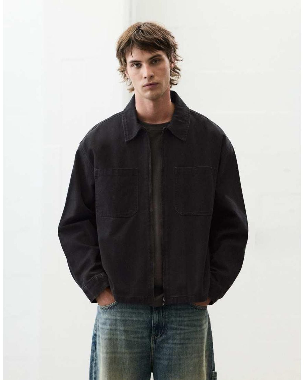 Pull&Bear Black Zip Overshirt for men
