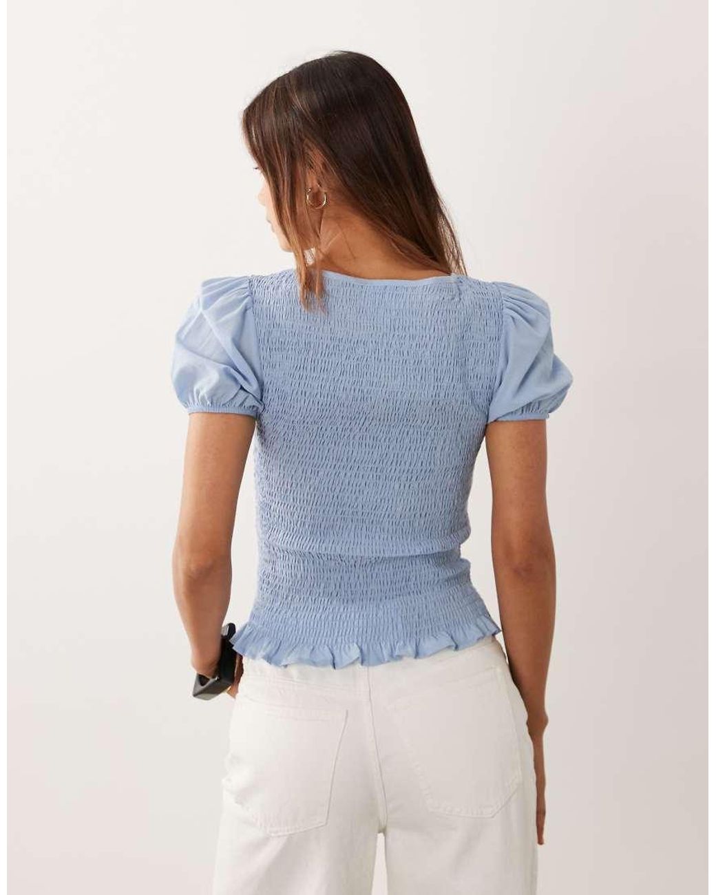 ASOS Blue Shirred Long Sleeve Top