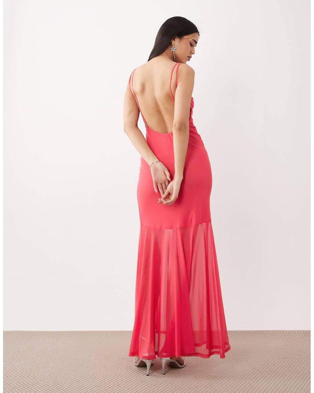 ASOS Pink Mesh High Neck Maxi Dress With Open Back And Double Strap Detail