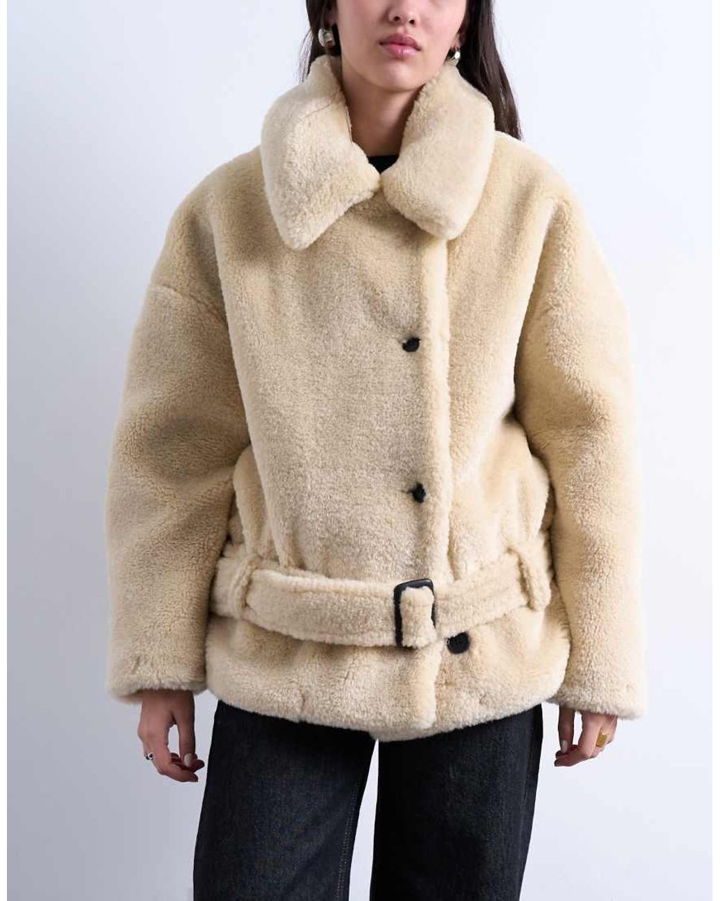 TOPSHOP Natural Teddy Belted Short Car Coat