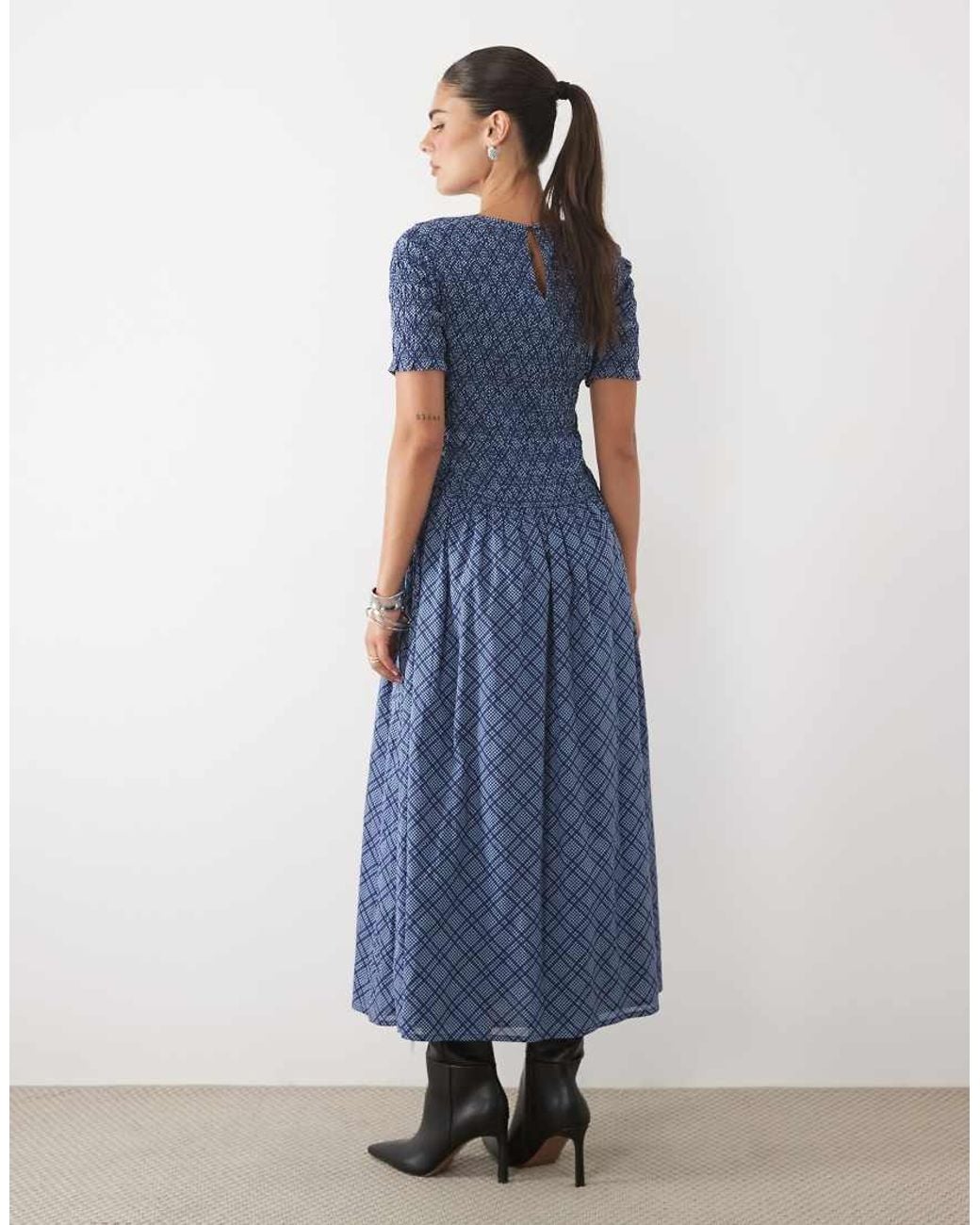 Nobody's Child Blue Shay Cotton Shirred Puff Sleeve Midi Dress