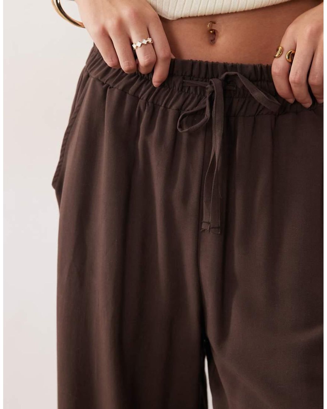 ASOS Natural Linen Blend Pull On Drawstring Waist Wide Leg Trouser