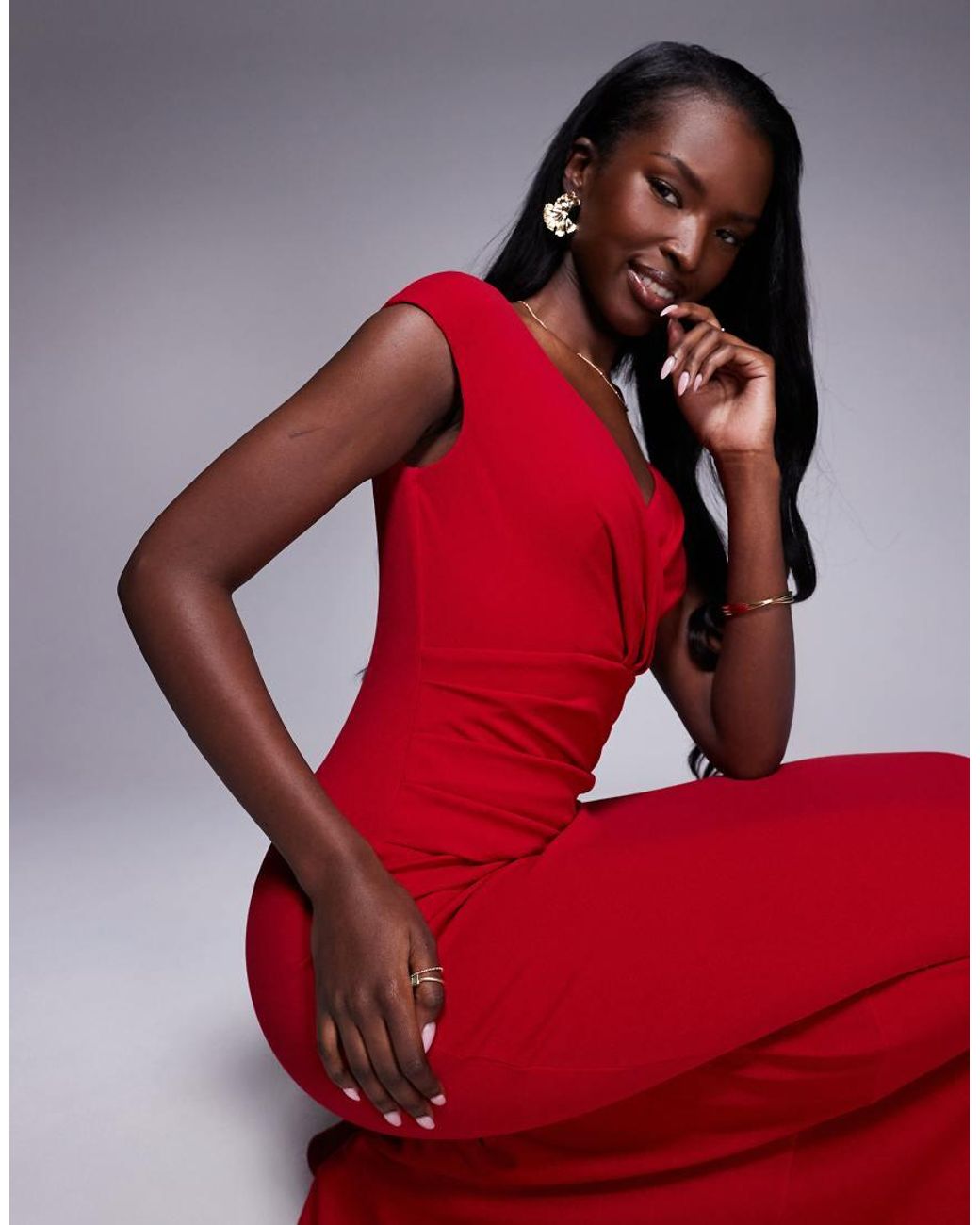 Goddiva Red Bardot Pleated Maxi Dress