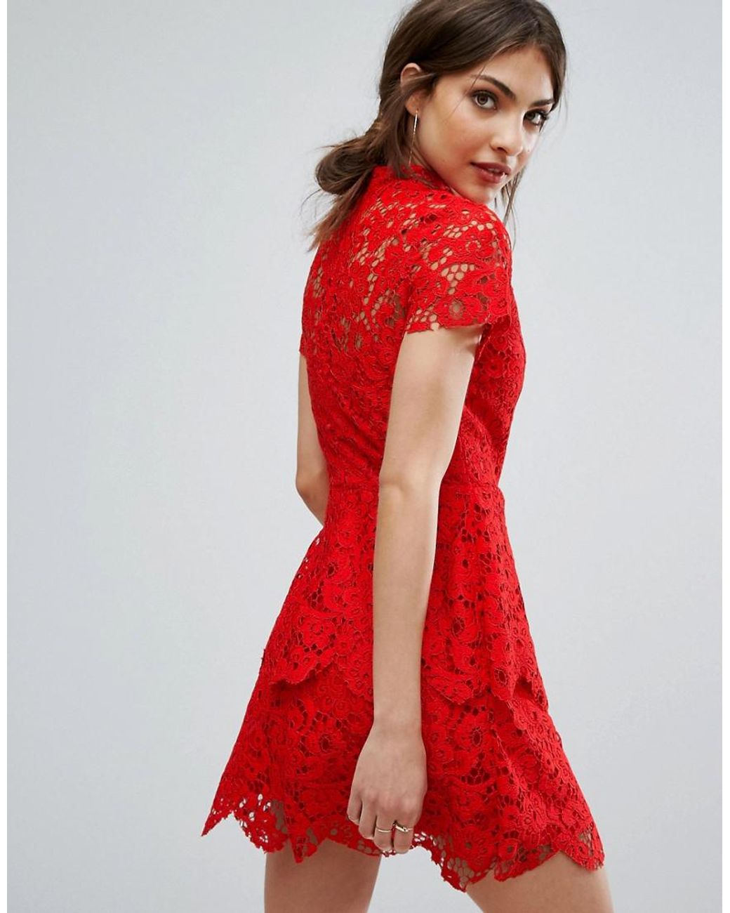 Missguided High Neck Double Layer Lace Dress in Red