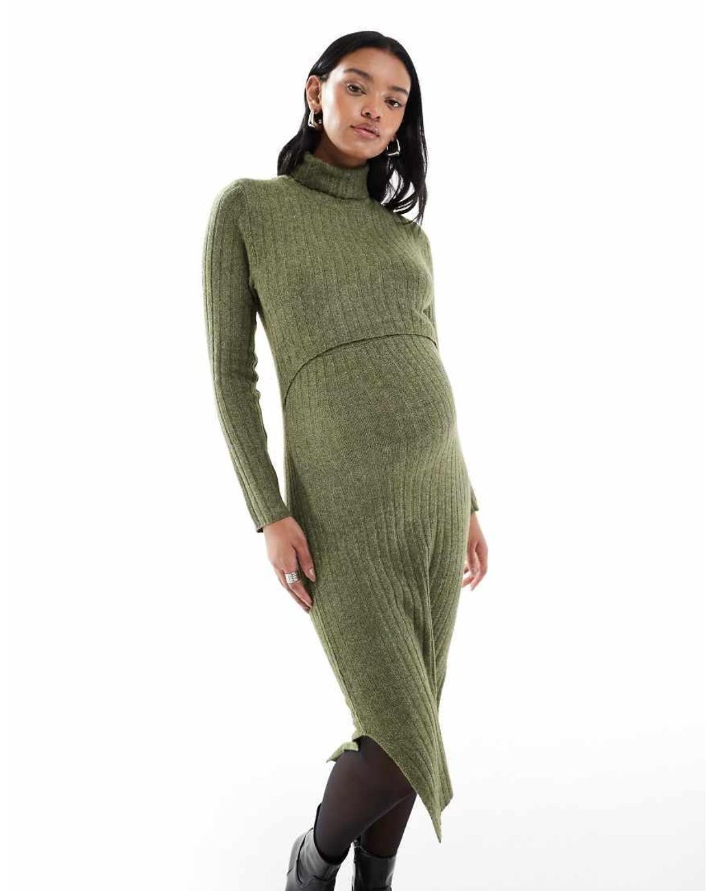 Mama.licious Green Mamalicious Maternity Soft Knitted Rib Midi Dress With Nursing Function