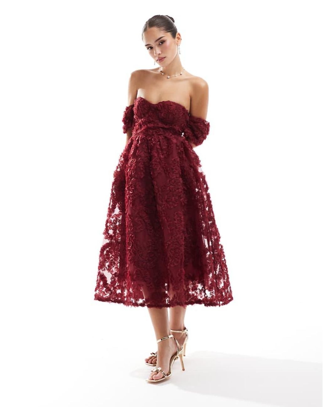 True Decadence Red Bardot Bust Cup Midi Dress
