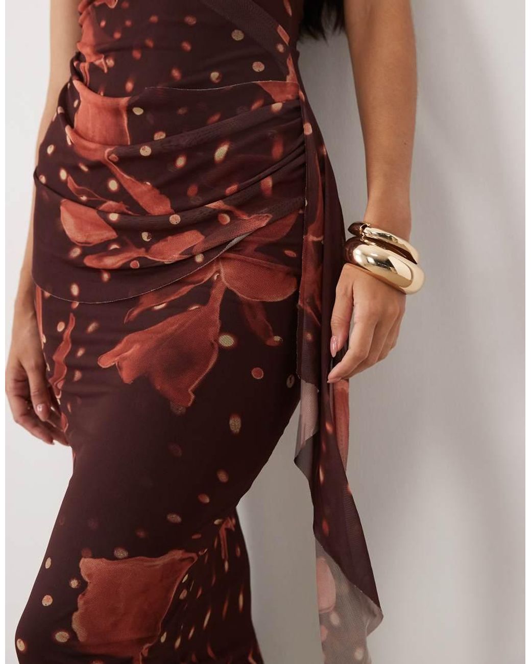 ASOS Natural Mesh Halterneck Midi Dress With Sweeping Sash Skirt