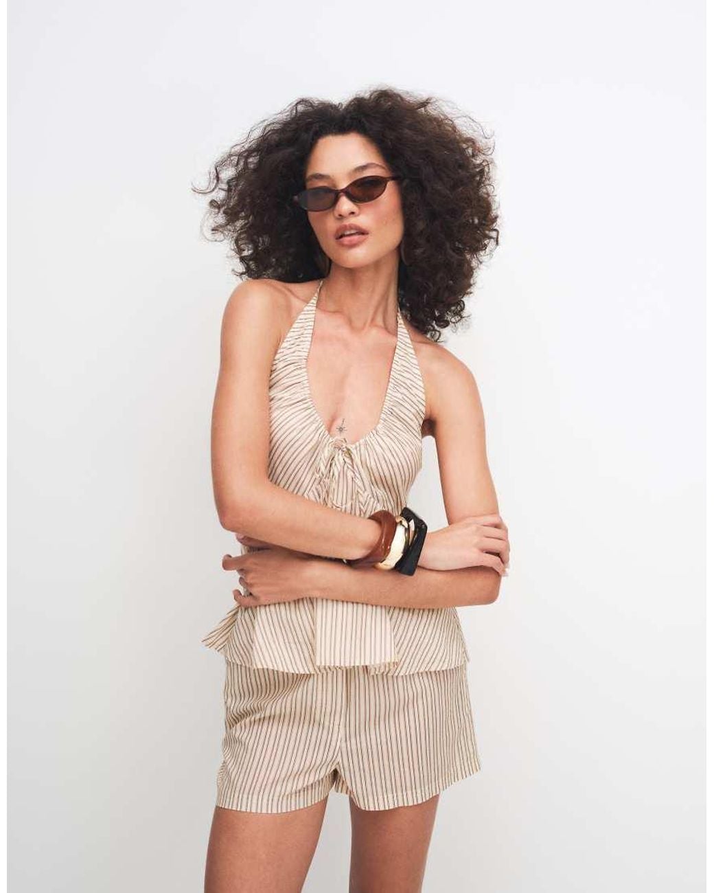 Collusion Natural Channel Neck Halter Top Beach Co-ord