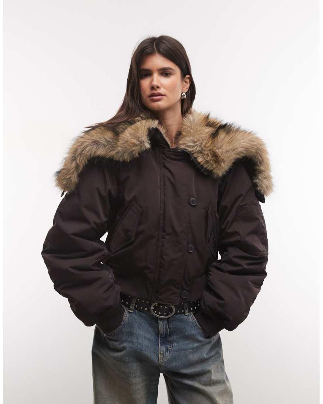 Weekday Black Cropped Bomber Jacket With Faux Fur Zip Hood
