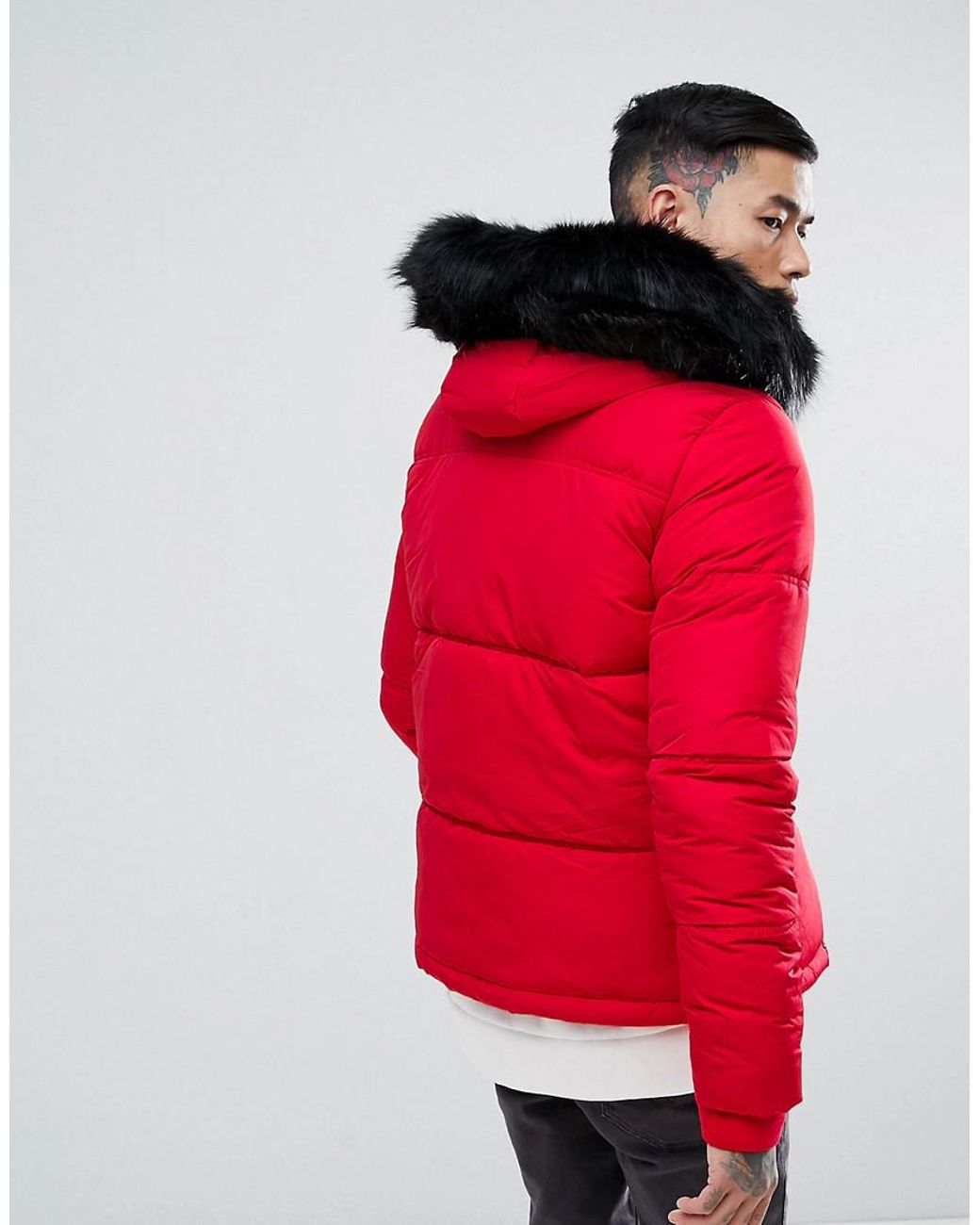 Sixth June Puffer Jacket In Red With Black Fur Hood for Men | Lyst