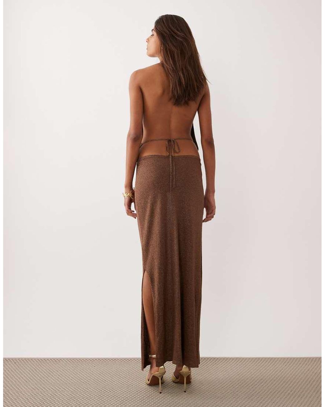 Miss Selfridge Brown Halterneck Knitted Glitter Maxi Dress