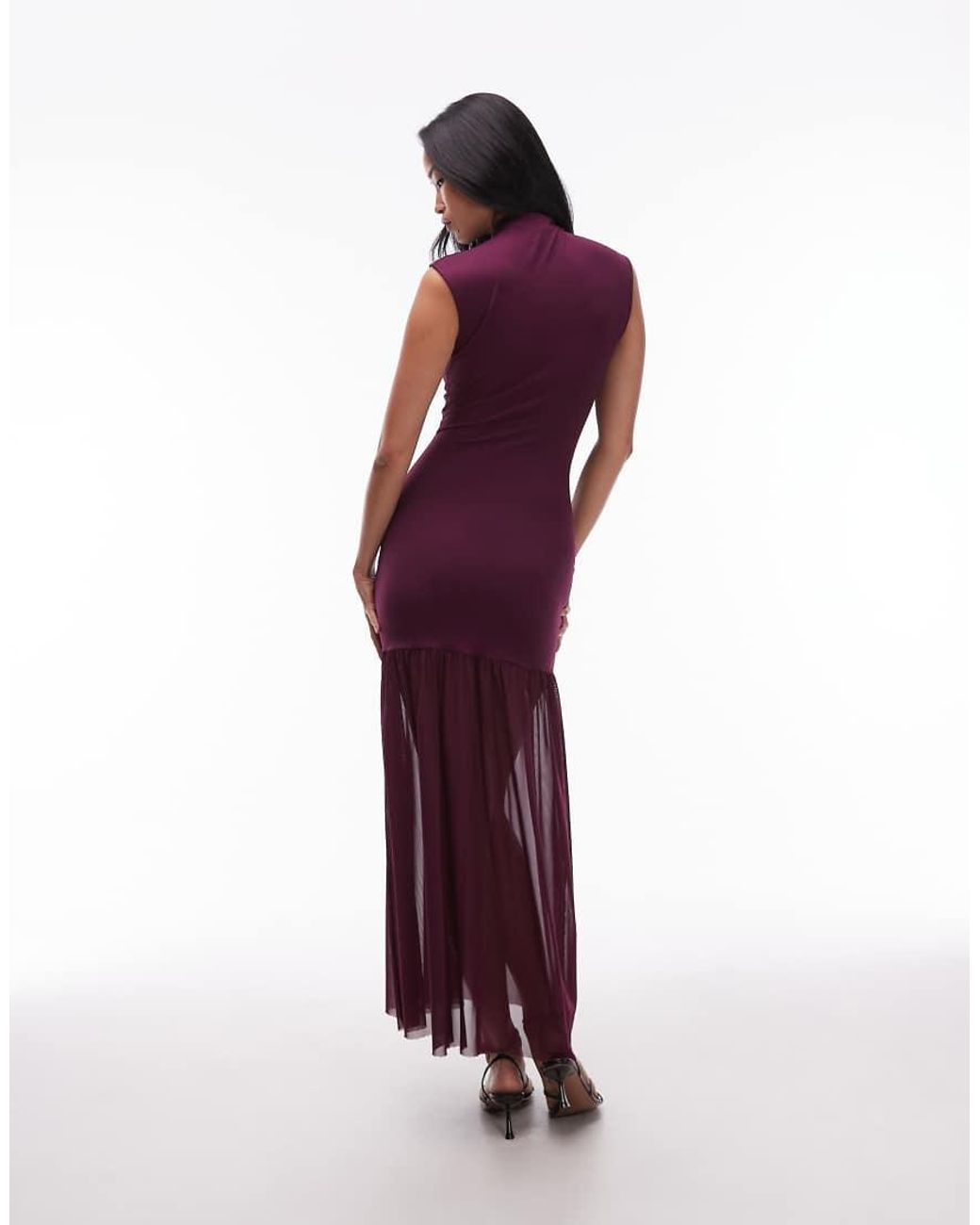 ASOS Purple Dropped Waist Mesh Maxi Dress With Grown On Neck