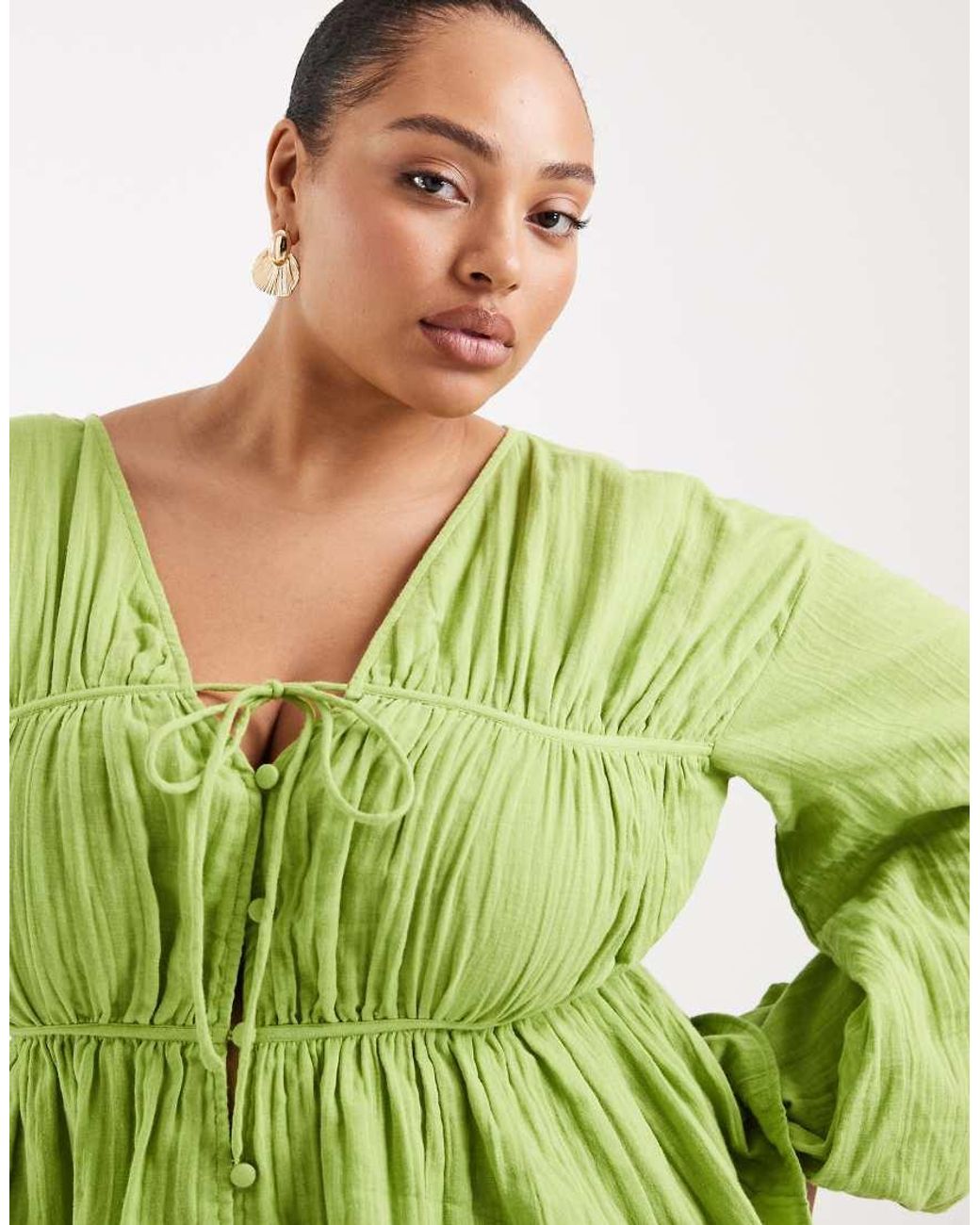 ASOS Green Asos Design Curve Long Sleeve Smock Top With Button Front