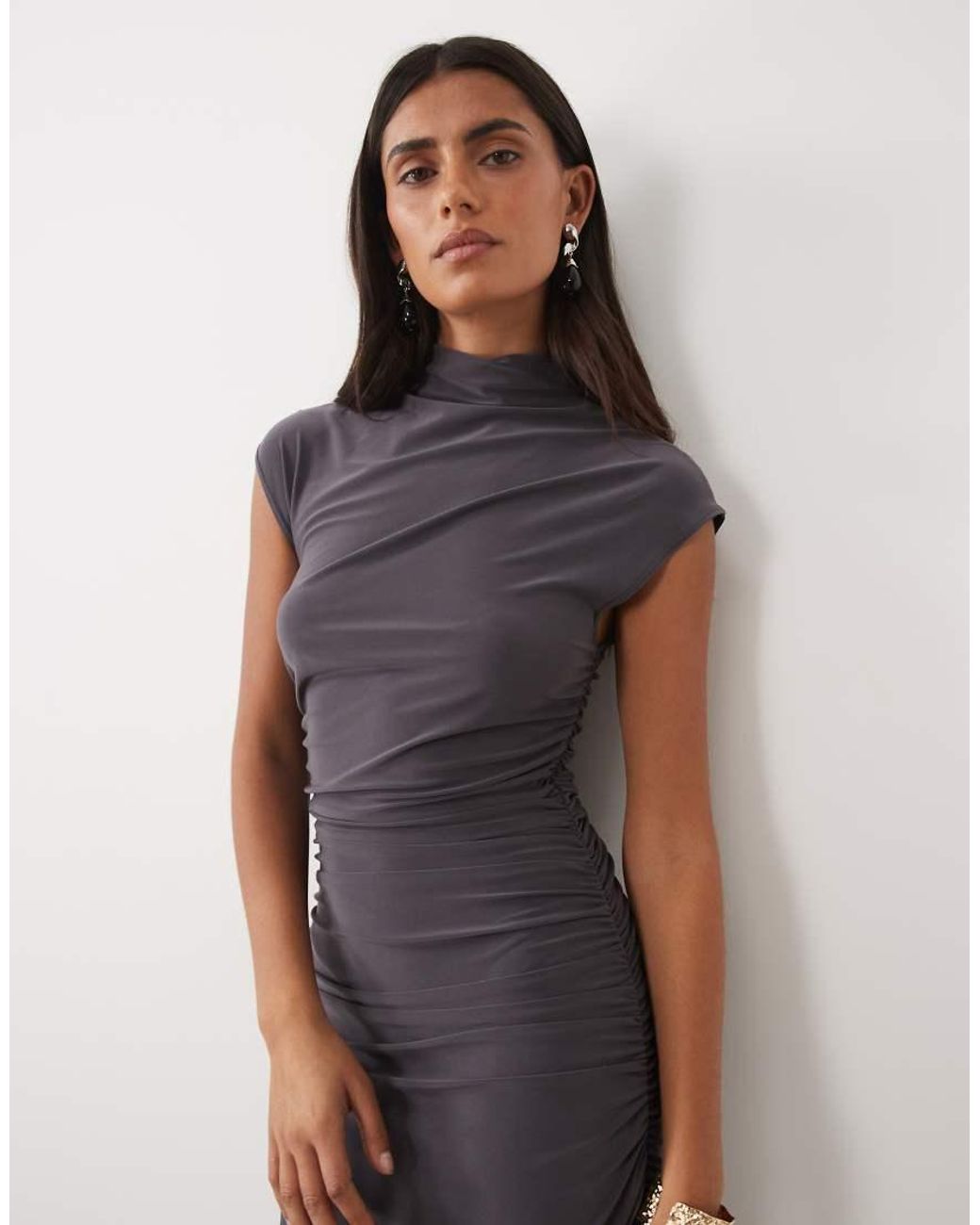 ASOS Multicolor Grown On Neck Bodycon Maxi Dress With Wire Trim Thigh Cut Out Detail