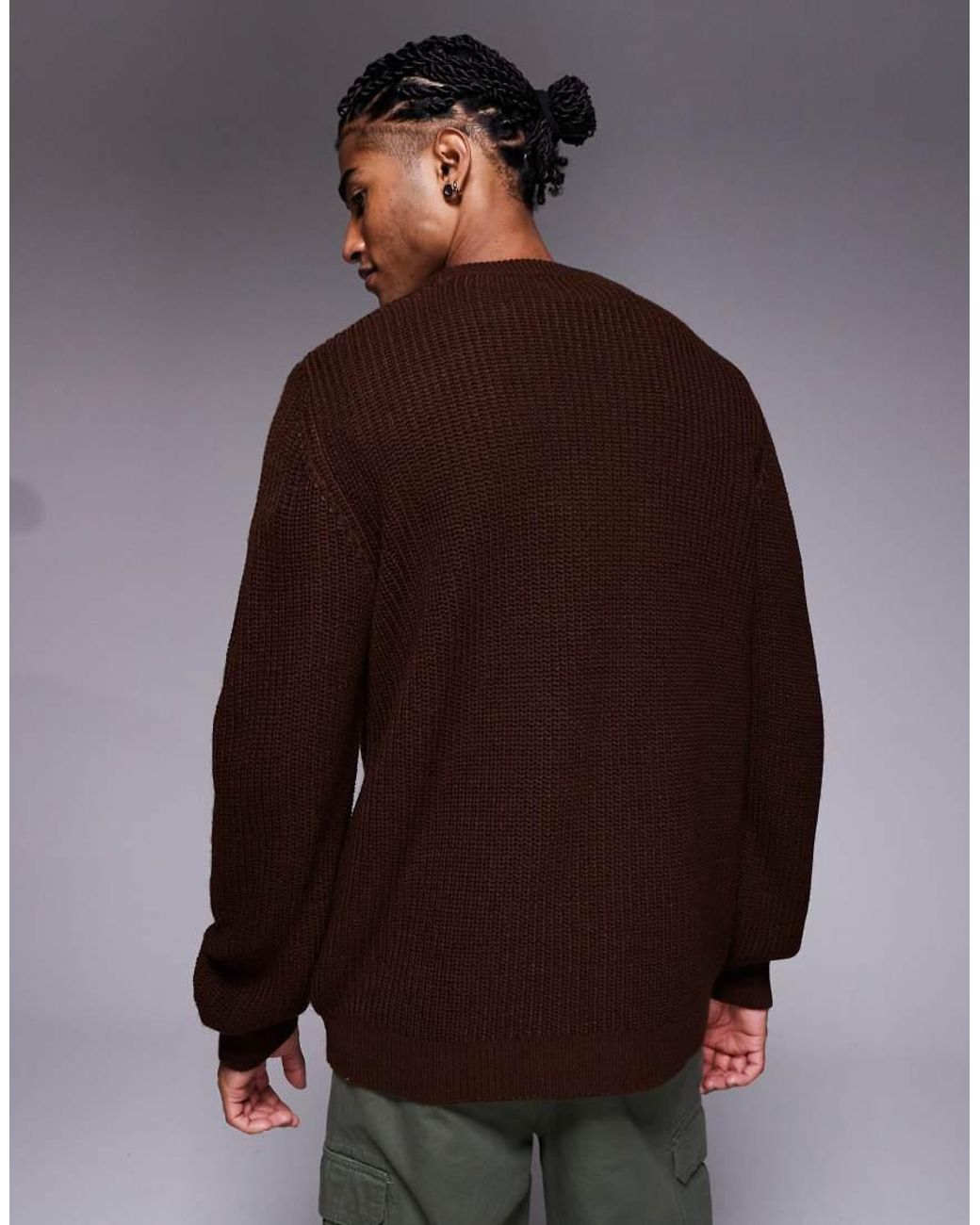 ASOS Brown Relaxed Knitted Fisherman Rib Jumper for men