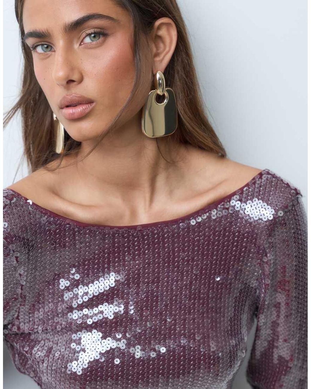 TFNC London Purple Sequin Fluted Sleeve Scoop Low Back Mini Dress