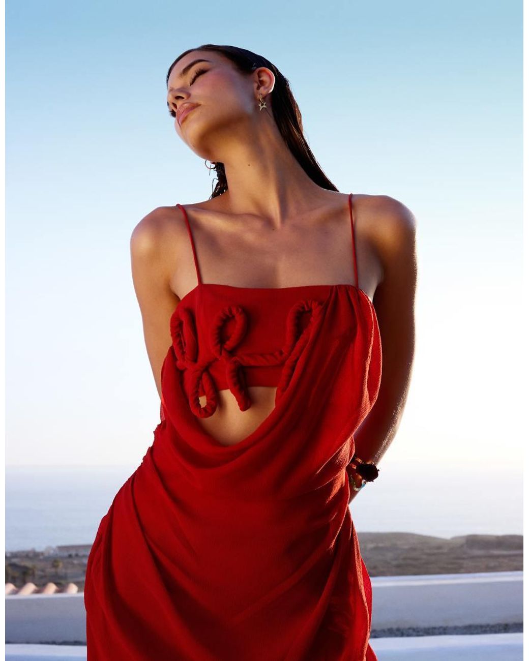ASOS Red Draped Cami Maxi Dress With 3D Floral Detail