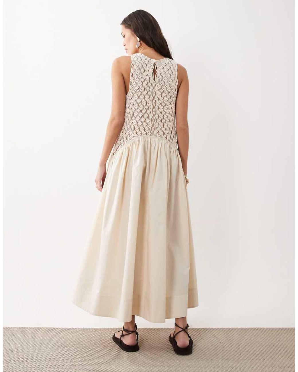 ASOS Natural Macrame Dropped Waist Maxi Dress With Poplin Skirt