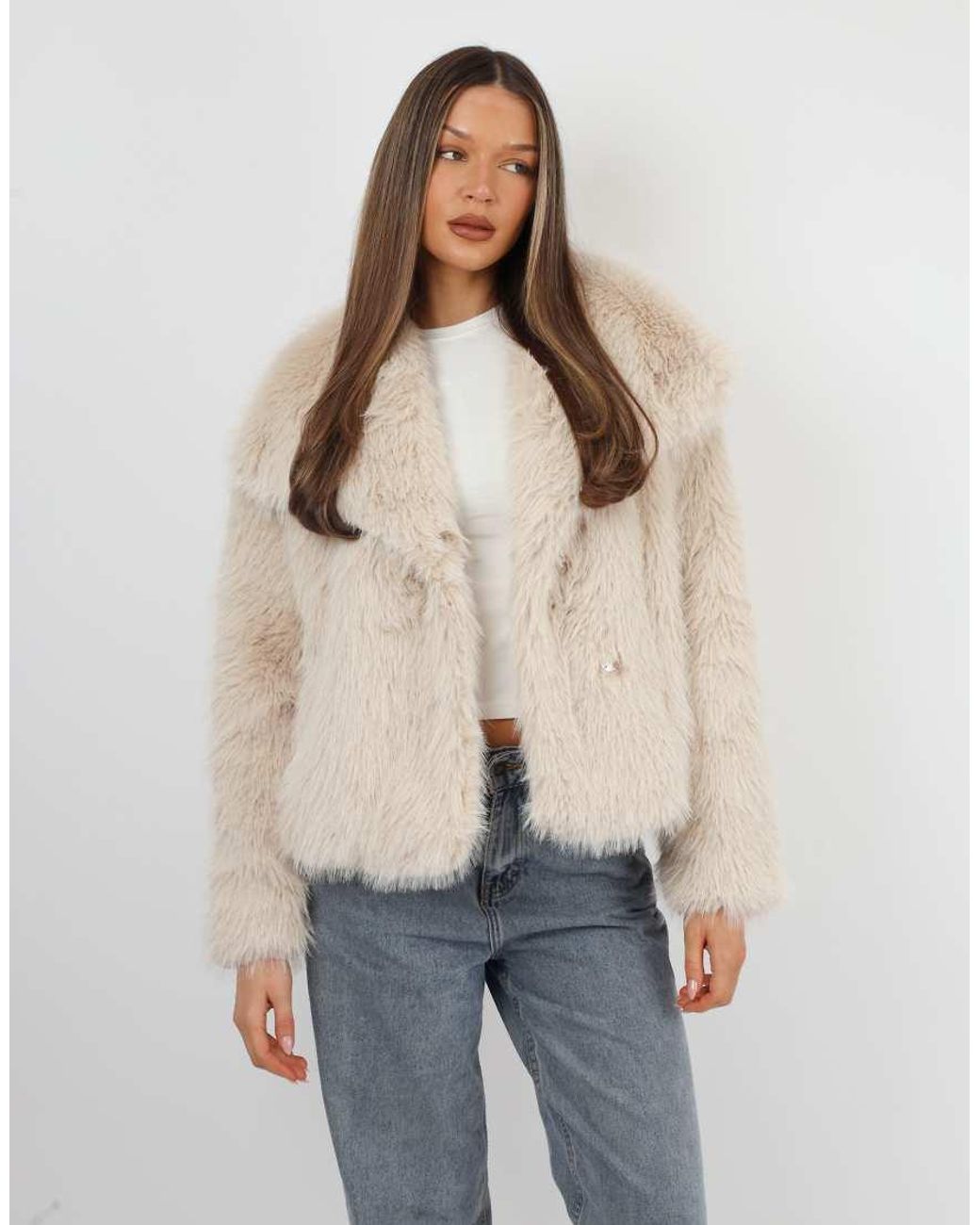SIMMI Natural Arabella Oversized Collar Faux Fur Coat
