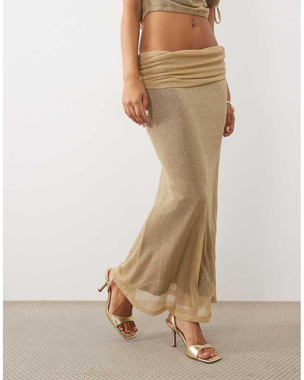 ASOS Natural Co-ord Glitter Knit Ruched Maxi Skirt