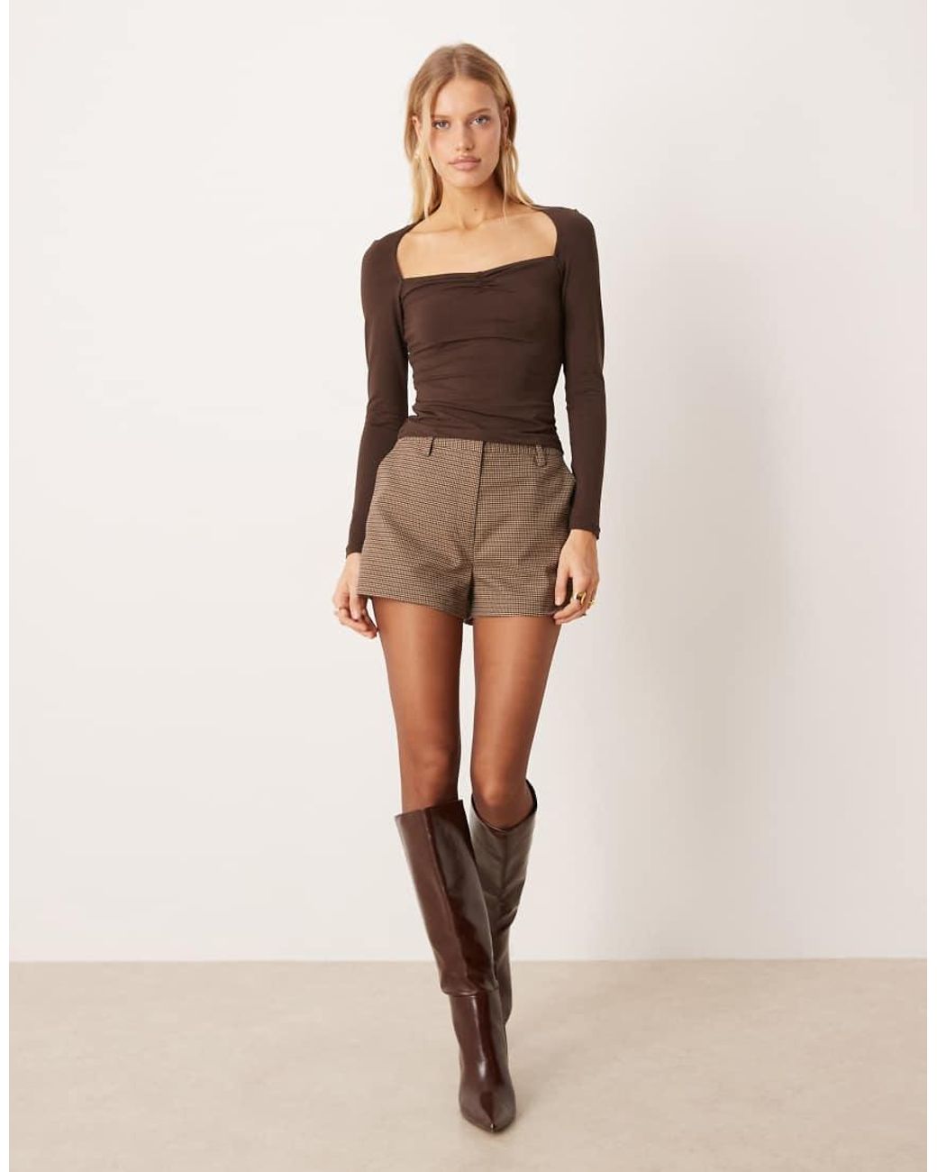 ASOS Brown Wide Sweetheart Neckline Long Sleeve Top