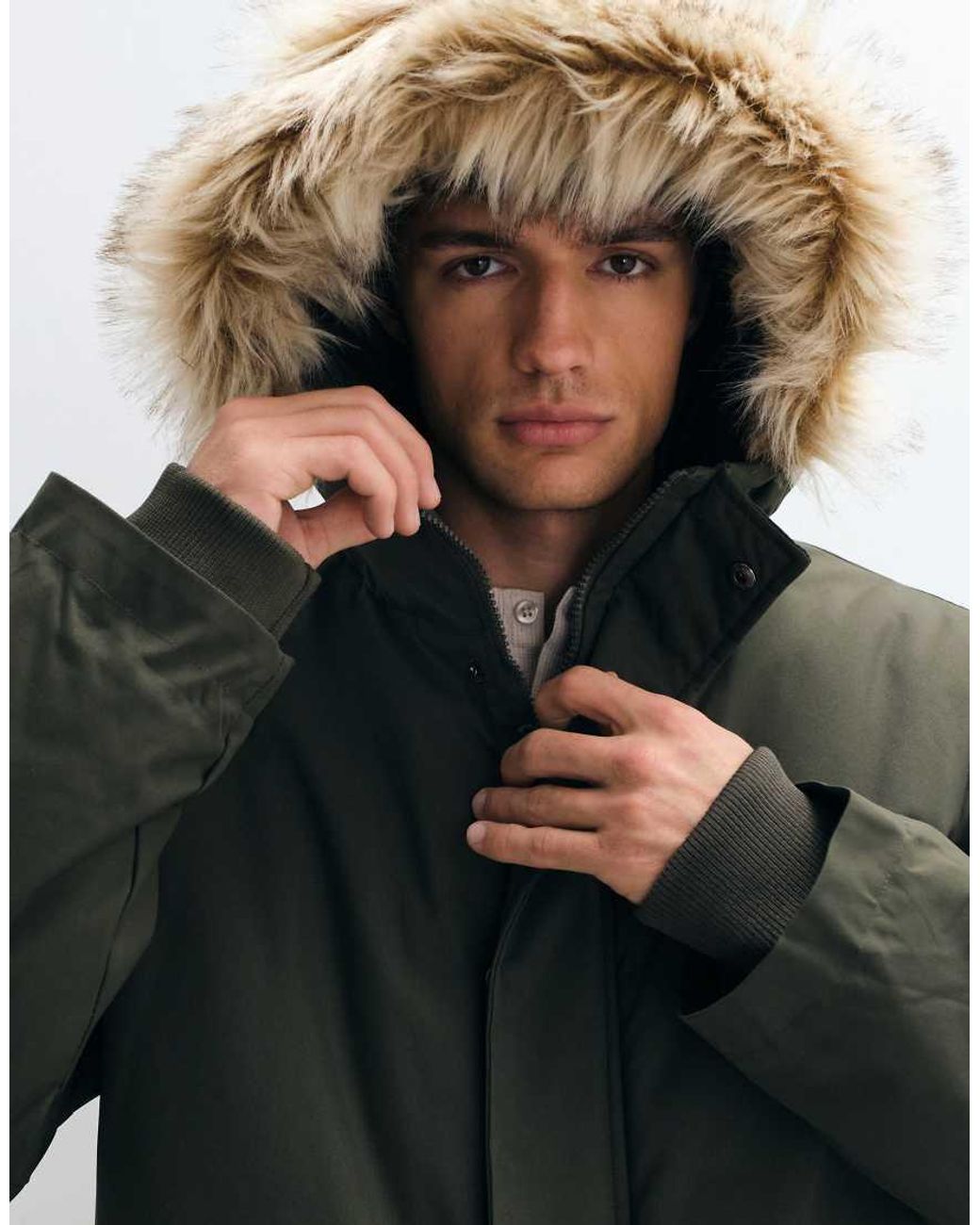 French Connection Gray Faux Fur Hood Detail Padded Parka Jacket for men