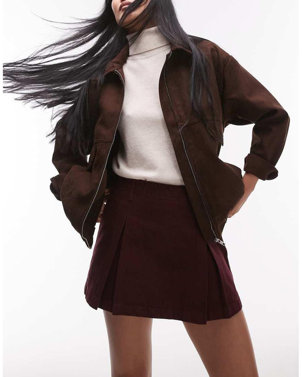 TOPSHOP Red Denim Box Pleat Mini Skirt