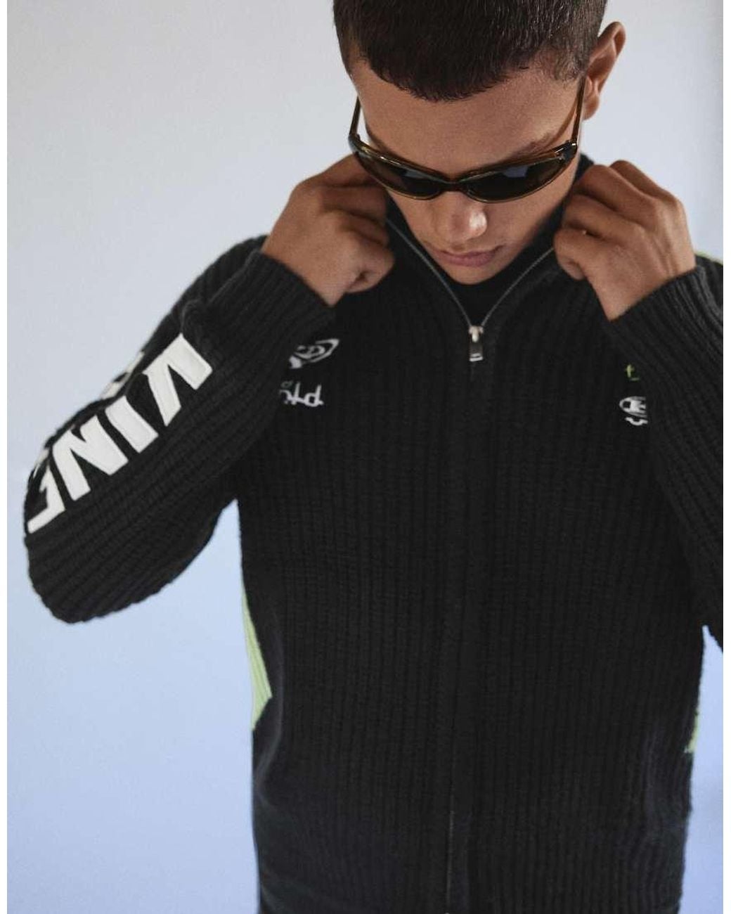 Bershka Black Embroidered Zip-up Knit Jacket for men