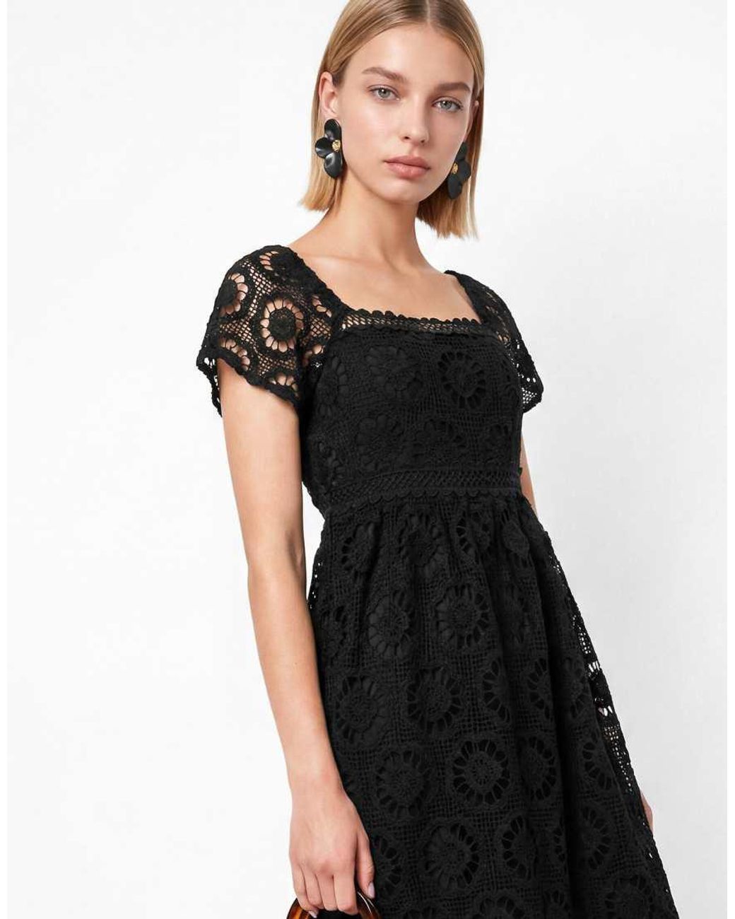 Lovedrobe Black Floral Lace Square Neck Short Sleeve Midaxi Dress