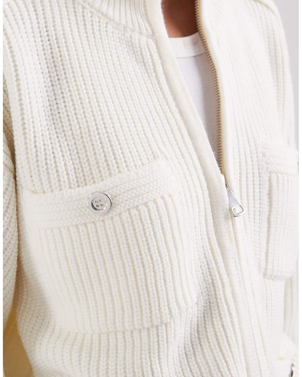 ASOS White Knitted Funnel Neck Jacket With Silver Buttons