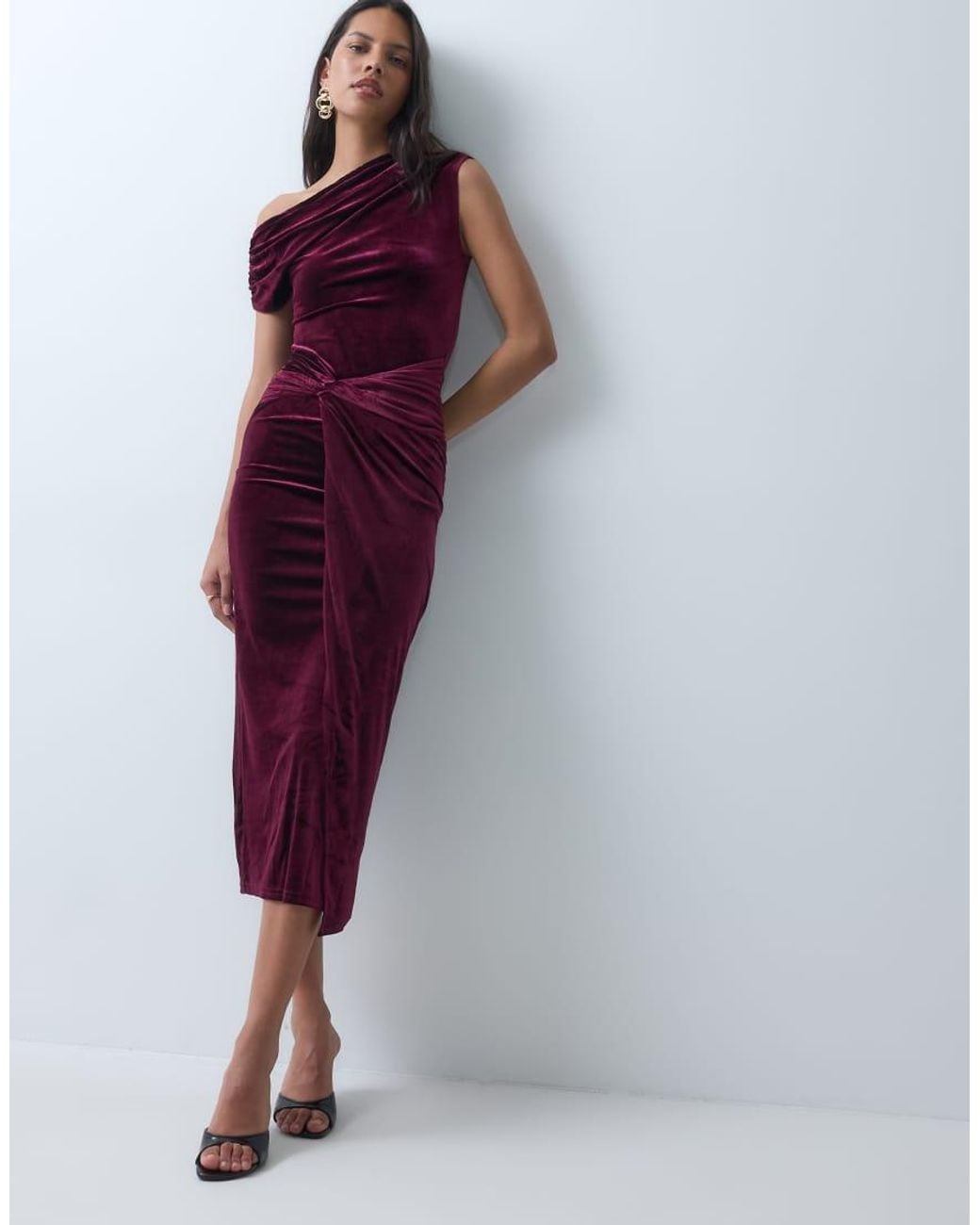 New Look Purple Velvet Fallen Shoulder Knot Detail Midi Dress