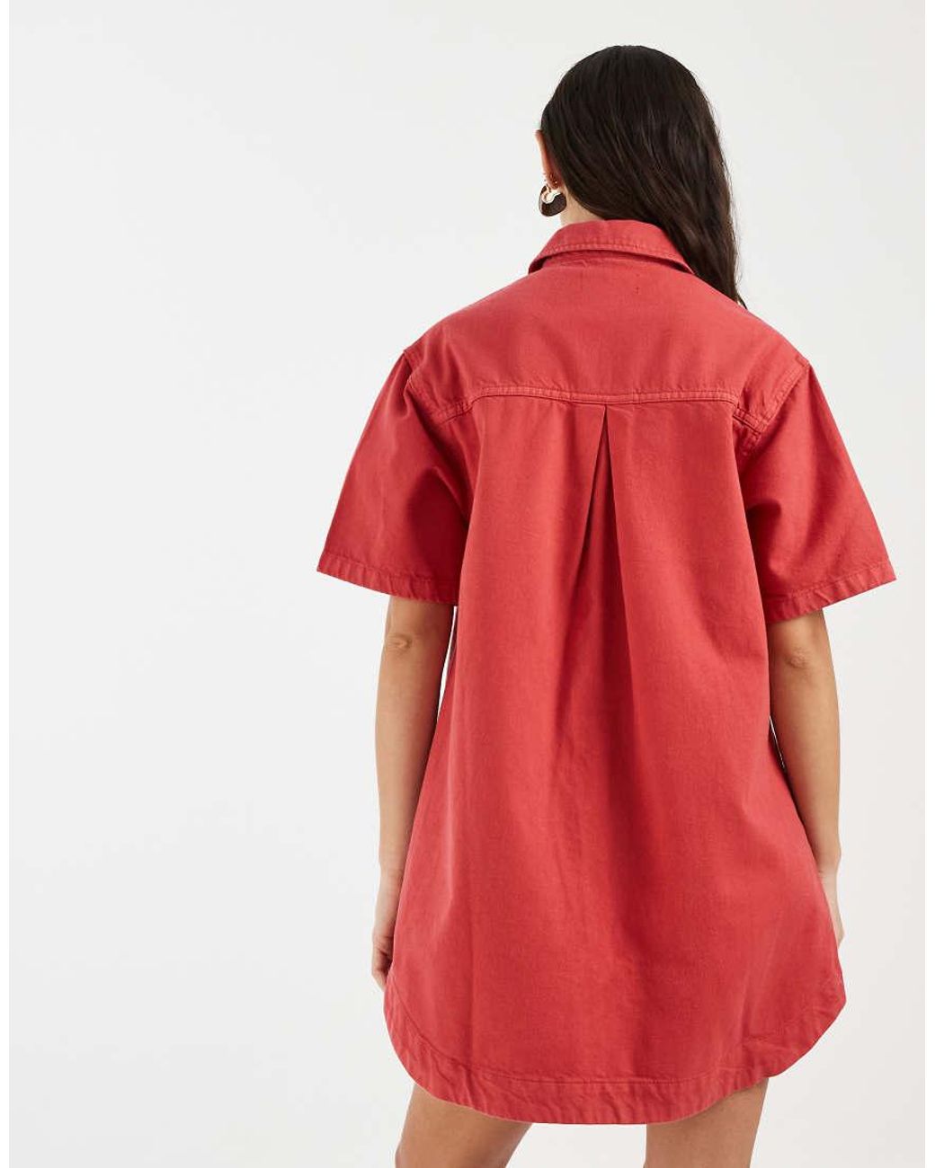 ASOS Red Denim Boxy Shirt Dress With Pocket Detail