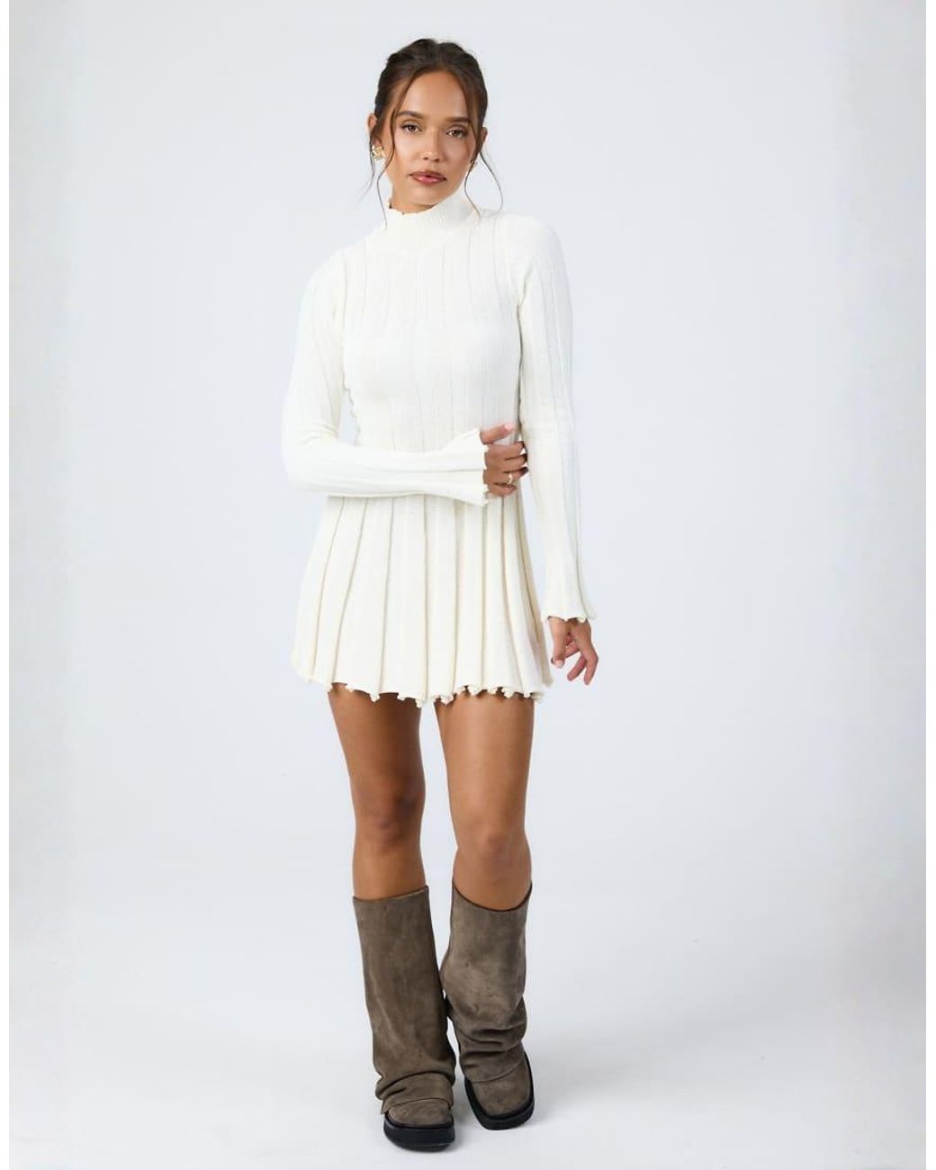 Aria Cove Gray Knitted High Neck Wide Rib Pleat Hem Mini Dress